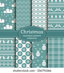 Merry Christmas and Happy New Year! Set of retro seamless backgrounds with traditional winter holiday symbols: christmas ball, deer, snowflakes, bell and suitable abstract patterns. Vector collection.