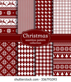 Merry Christmas and Happy New Year! Set of red and white seamless backgrounds for winter or holiday design. Warm textile patterns: argyle, plaid, norwegian and knitted patterns. Vector collection.