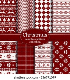 Merry Christmas and Happy New Year! Set of red and white seamless backgrounds for winter or holiday design. Warm textile patterns: argyle, plaid, norwegian and knitted patterns. Vector collection.