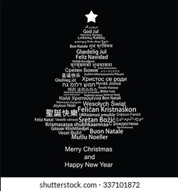 Merry Christmas And Happy New Year Text  Word Tag Cloud Shaped As A Tree