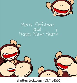 Merry Christmas and Happy New Year 2016 card with cute naughty Monkeys