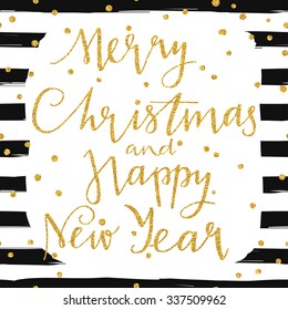 Merry Christmas and happy new year 2016 - gold glittering lettering design card template with confetti pattern. Perfect for greeting cards, invitation and many other