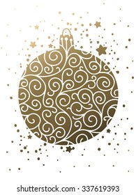 Merry Christmas and Happy New Year card with shine ball on white background. Gold christmas card