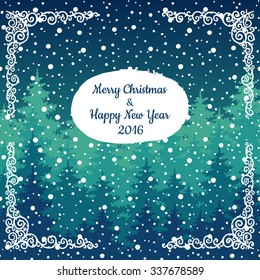 Merry Christmas and Happy New Year 2016 greeting card. Vector winter holidays landscape background with trees, snowflakes, falling snow.