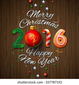 Merry Christmas and Happy New Year 2016 greeting card, vector illustration.