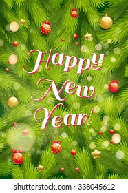 Merry Christmas and Happy New Year Card, realistic fir branches