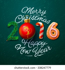Merry Christmas and Happy New Year 2016 greeting card, vector illustration.