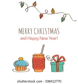 Merry Christmas and Happy New Year Greeting Card with cupcake, coffee and gift box. Vector illustration