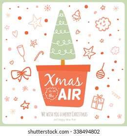 Merry Christmas and Happy New Year Card with Calligraphic and Typographic Wish and Xmas Tree Illustration on Winter Doodles on White Background. Greeting hand drawn holidays card.