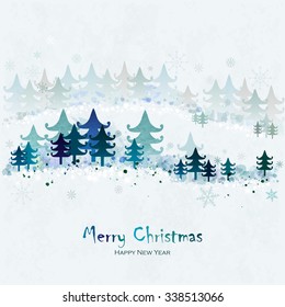 Merry Christmas and Happy New Year Greeting Card with fir trees. Winter landscape. Snowy forest. Vector imitation of watercolor texture. Place for text.