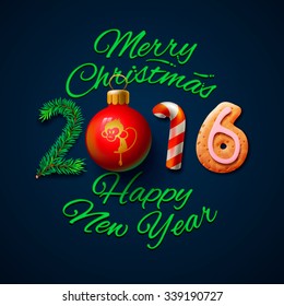 Merry Christmas and Happy New Year 2016 greeting card, vector illustration.