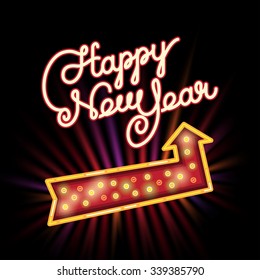 Merry Christmas and Happy New Year invitation. Elegant hand drawn lettering in retro lighting frame. vector illustration