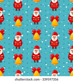 Merry Christmas and Happy New Year seamless pattern with Santa and jingle bell - vector