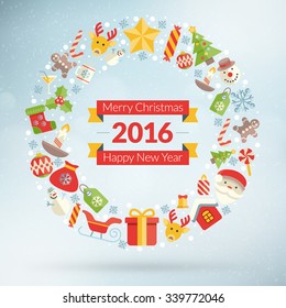 Merry Christmas and Happy New Year 2016. Flat Style Vector Illustration with Christmas Icons and Ribbons on Light Background for Greetings Cards