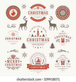 Merry Christmas And Happy New Year Wishes Typographic Labels and Badges set, Vintage decorations, objects, symbols and elements, vector illustration