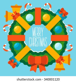 Merry Christmas and Happy new year. Label for Holiday, Invitations and Greeting Cards. Xmas Poster, Banner, Placard or Card Template. Winter Illustration.