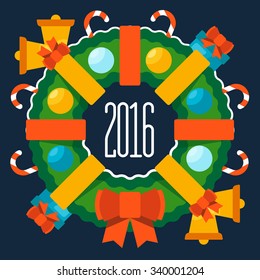 Merry Christmas and Happy new year. Label for Holiday, Invitations and Greeting Cards. Xmas Poster, Banner, Placard or Card Template. Winter Illustration.