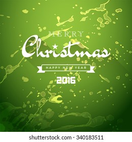 Merry Christmas and Happy New Year 2016 greeting, stain on green background design