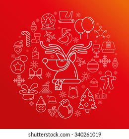 Merry Christmas, happy new year  icons and elements, red background, vector