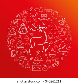 Merry Christmas, happy new year  icons and elements, red background, vector