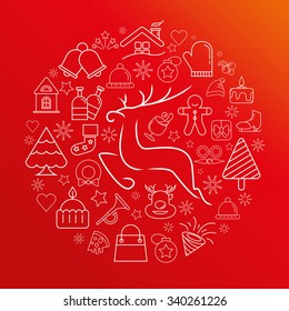 Merry Christmas, happy new year  icons and elements, red background, vector