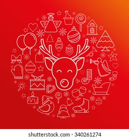 Merry Christmas, happy new year  icons and elements, red background, vector