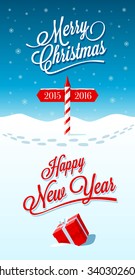 Merry Christmas and Happy New Year greeting card with border between years 2015 and 2016. Vector illustration.