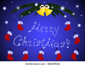 Merry Christmas and Happy New Year greeting card with fir branches, golden bells and gift socks 