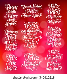 Merry Christmas and Happy New Year lettering set in different languages: Portuguese, Italian, Spanish, French, German, English. Holidays vintage calligraphy for invitation, greeting card, prints