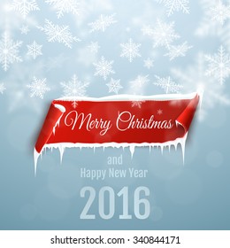 Merry Christmas and Happy New Year 2016 background with red curved paper banner, snow and icicles. 