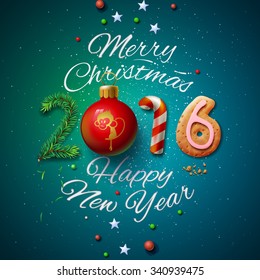 Merry Christmas and Happy New Year 2016 greeting card, vector illustration.