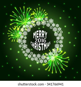Merry Christmas and Happy New Year 2016 greeting card with beautiful fireworks in the night. Shining Christmas background. Vector illustration.