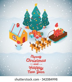 Merry Christmas and Happy New Year illustrations. Isometric 3d vector