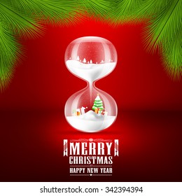 Merry Christmas and Happy new year with hourglass.vector illustration