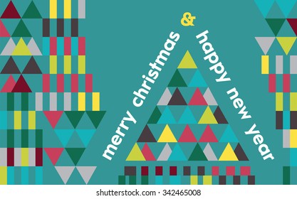 Merry Christmas & Happy New Year. Bright and modern design with geometric shapes and abstract Christmas tree on a teal background.