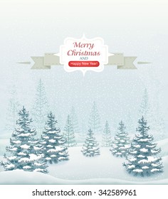 Merry Christmas and Happy New Year forest winter landscape with snowfall and spruces vector illustration