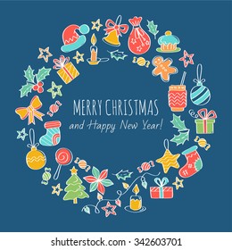 Merry Christmas and Happy New Year Greeting Card. Christmas wreath, Vector illustration