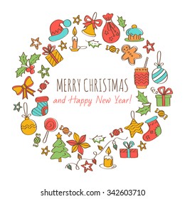 Merry Christmas and Happy New Year Greeting Card. Christmas wreath, Vector illustration