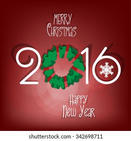 Merry Christmas and Happy New Year 2016 - paper cut out style vector illustration. Red background. EPS 10.