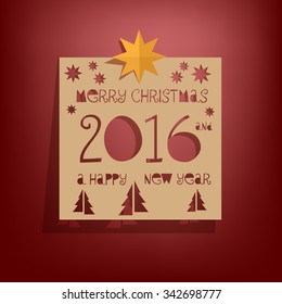 Merry Christmas and Happy New Year 2016 - paper cut out design greeting card, vector illustration. Red background. Merry Christmas and Happy New Year 2016 - paper cut out design greeting card, vector illustration. Red background.