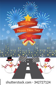 merry christmas and happy new year on a red ribbin and Snowman with road to night city background 