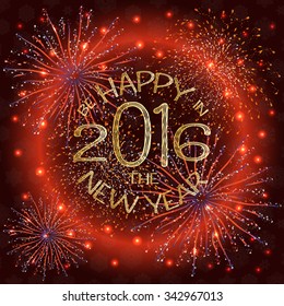 Merry Christmas and Happy New Year 2016 greeting card with beautiful fireworks in the night. Shining Christmas background. Vector illustration.