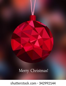 Merry christmas and happy new year  xmas ball in poly triangle style. Greeting card. EPS10 vector.