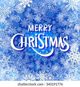 merry christmas and happy new year, handwritten text on background with snowflakes art