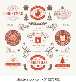 Merry Christmas And Happy New Year Wishes Typographic Labels and Badges set, Vintage decorations, objects, symbols and elements, vector illustration