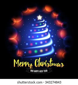 Merry Christmas and Happy New Year card. Abstract christmas tree with glowing balls and  sparkles background. Vector eps10 illustration.