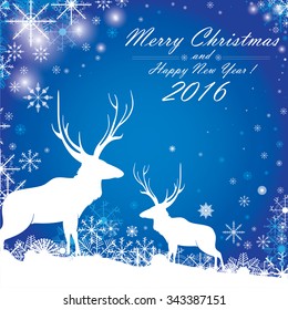 Merry Christmas and Happy New Year. The colorful snow and the white reindeer on the blue background.