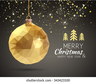 Merry Christmas Happy New Year trendy triangular gold xmas ball shape in hipster origami style. Ideal for xmas card or elegant holiday party invitation