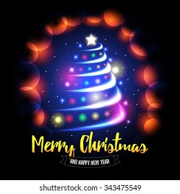 Merry Christmas and Happy New Year card. Abstract christmas tree with glowing balls and sparkles background. Vector eps10 illustration.