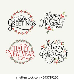 Merry Christmas & Happy New Year, Happy holidays greeting card. Lettering celebration logo set. Typography for winter holidays. Calligraphic poster on blurred textured background. Postcard motive